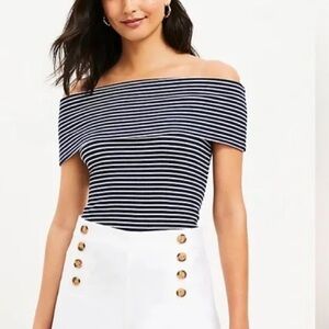 LOFT Navy Blue & White Striped Off-the-Shoulder Ribbed Top - Size Medium - NWT